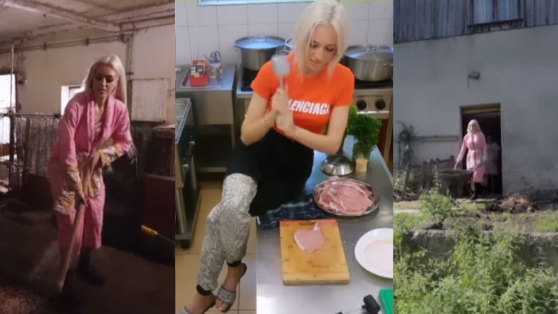 Derpienski sprząta oborę w różowym szlafroku