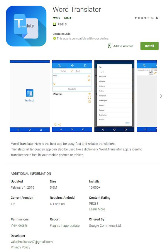 Aplikacja Word Translator w Sklepie Play jako przykład fałszywej aplikacji, źródło: ESET.