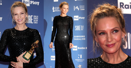 Odmłodzona Uma Thurman cieszy się z nagrody w sukni Armani