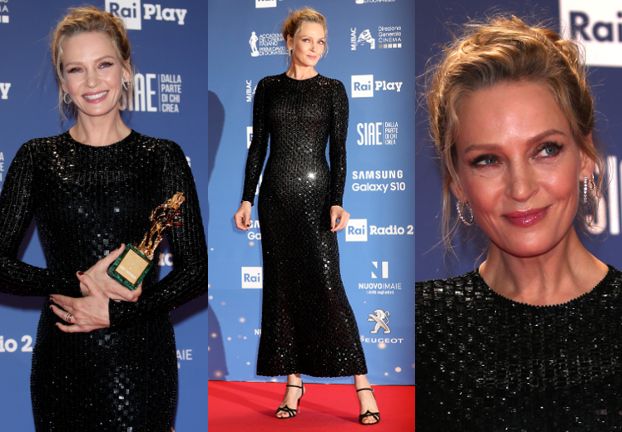 Odmłodzona Uma Thurman cieszy się z nagrody w sukni Armani