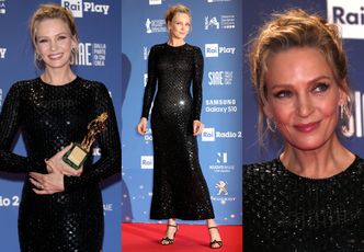 Odmłodzona Uma Thurman cieszy się z nagrody w sukni Armani