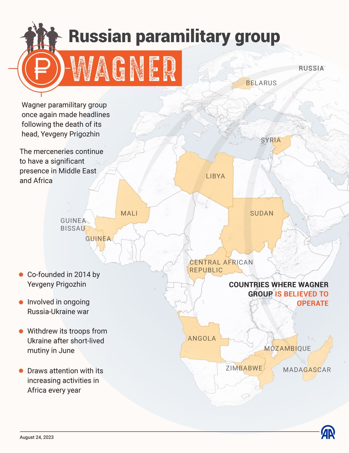 Russian paramilitary group WagnerANKARA, TURKIYE - AUGUST 24: An infographic titled "Russian paramilitary group Wagner" is created in Ankara, Turkiye on August 24, 2023. Wagner paramilitary group once again made headlines following the death of its head, Yevgeny Prigozhin. The mercenaries continue to have a significant presence in Middle East and Africa. (Photo by Mahmut Resul Karaca/Anadolu Agency via Getty Images)Anadolu Agencyarmed, chief, countries, die, died, group, infographics, killed, leader, operate, operation, troops, wagner