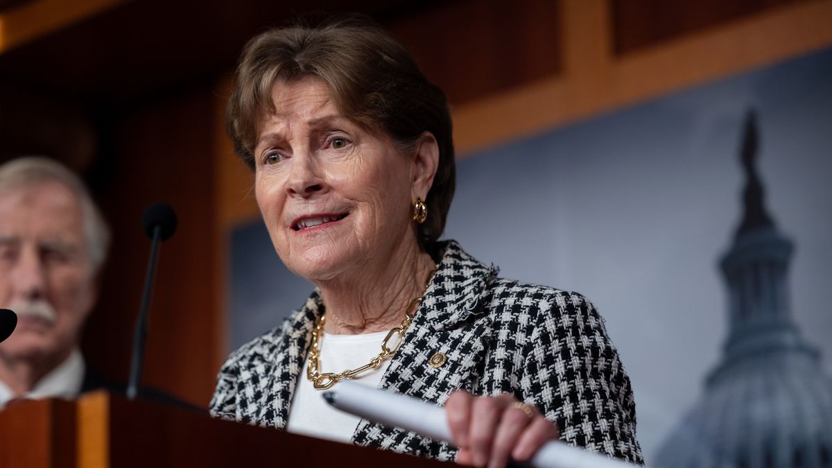 WASHINGTON, DC - NOVEMBER 9: Senator Jeanne Shaheen (D-NH) speaks at a press conference with other Senate Democrats who voted to restore government funding, in Washington, DC on November 9, 2025. (Photo by Nathan Posner/Anadolu via Getty Images)