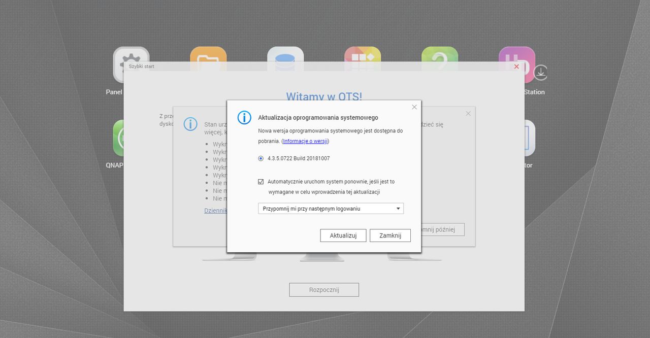 QNAP QTS: informacja o dostępnej aktualizacji oprogramowania.