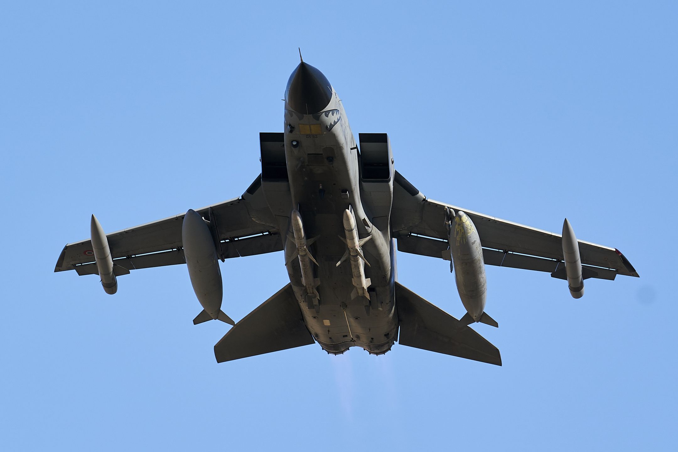 ALBACETE, CASTILLA-LA MANCHA, SPAIN - FEBRUARY 22: A Panavia Tornado Aeronautica Militare aircraft from Italy performs combat air maneuvers in the vicinity of the Los Llanos air base on February 22, 2022, in Albacete, Castilla-La Mancha, Spain. The maneuvers are conducted during one of the NATO Tactical Leadership Program (TLP) courses, better known as NATO Pilot School. Currently, the TLP organization is made up of ten NATO countries: Belgium, Denmark, France, Germany, Greece, Holland, England, Italy, Spain and the United States, although other nations also participate by contracting their assistance. The pilots take advantage of these practices to prepare themselves for a possible war in Ukraine. (Photo By A. Perez Meca/Europa Press via Getty Images)