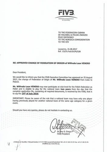 Dokument przesłany do PZPS-u przez FIVB, zatwierdzający zmianę macierzystej federacji Wilfredo Leona