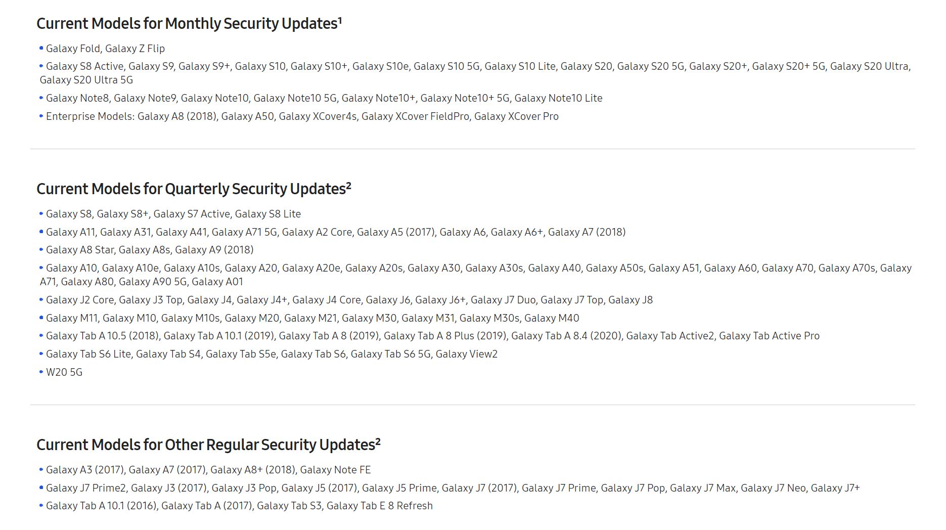 Nie wszystkie smartfony Samsunga otrzymują dziś comiesięczne aktualizacje, źródło: Samsung Mobile Security.