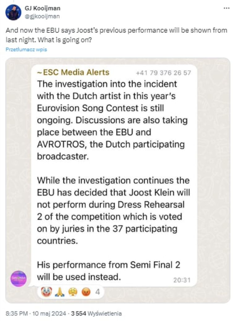  Joost Klein nie wystąpi (?) na Eurowizji