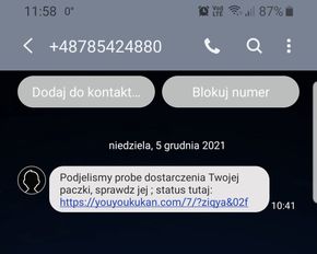 Fałszywy SMS o zamówieniu lub paczce