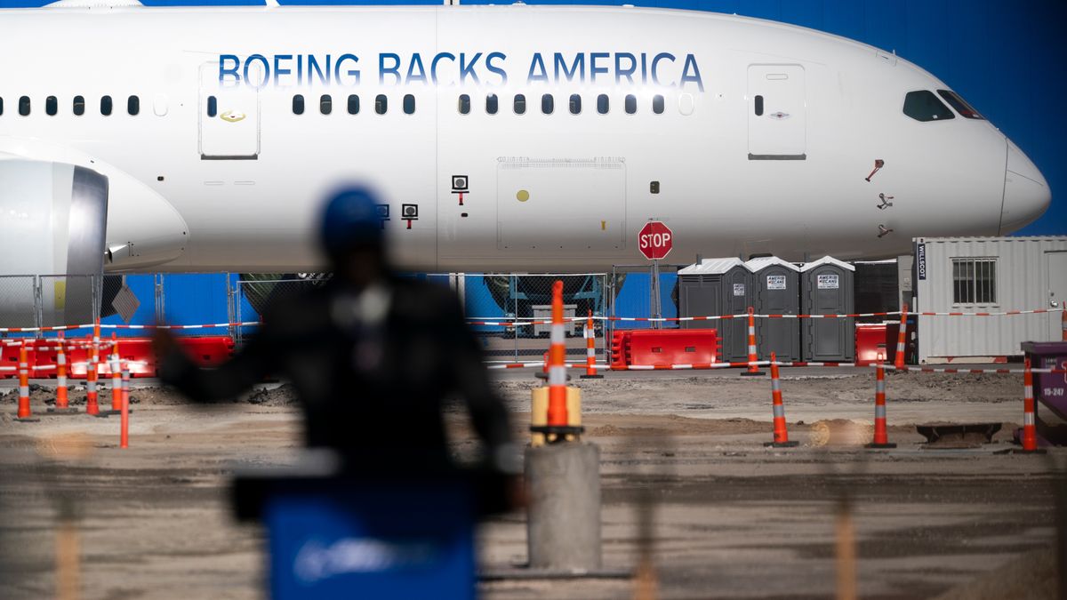 A Boeing Co. 787 Dreamliner during a site expansion groundbreaking ceremony at the Boeing South Carolina (BSC) manufacturing facility in North Charleston, South Carolina, US, on Friday, Nov. 7, 2025. Boeing Co. is plowing more than $1 billion into its 787 Dreamliner factory complex in South Carolina, aiming to double monthly production as sales surge for its advanced widebody jet. Photographer: Sean Rayford/Bloomberg via Getty Images