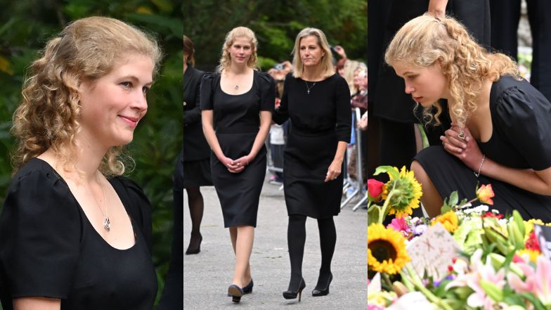 Lady Louise Windsor i członkowie rodziny królewskiej spacerują po Balmoral po nabożeństwie w intencji królowej Elżbiety II