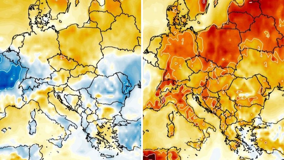 Rano w piątek (po lewej - im jaśniej, tym chłodniej) będzie jeszcze chłodno. W ciągu dnia zrobi się cieplej, a w weekend na termometrach zobaczymy ponad 20 st. C (po prawej)