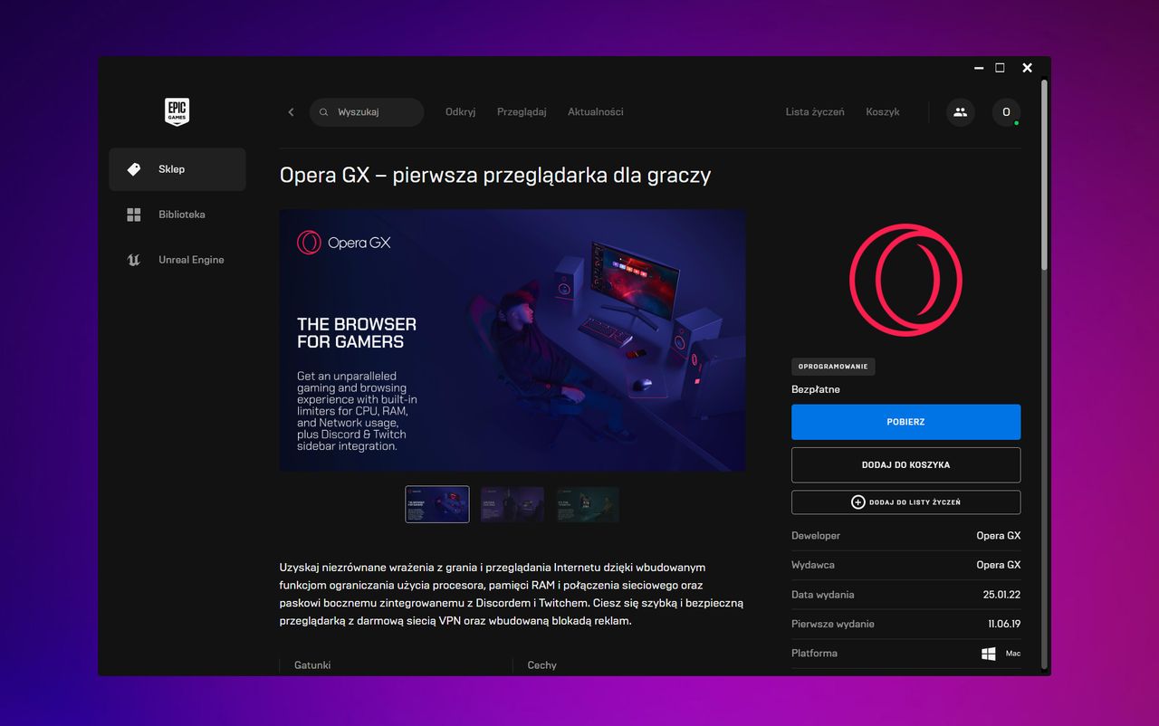 Opera GX w Epic Games Store. Pobierzesz tak, jak grę