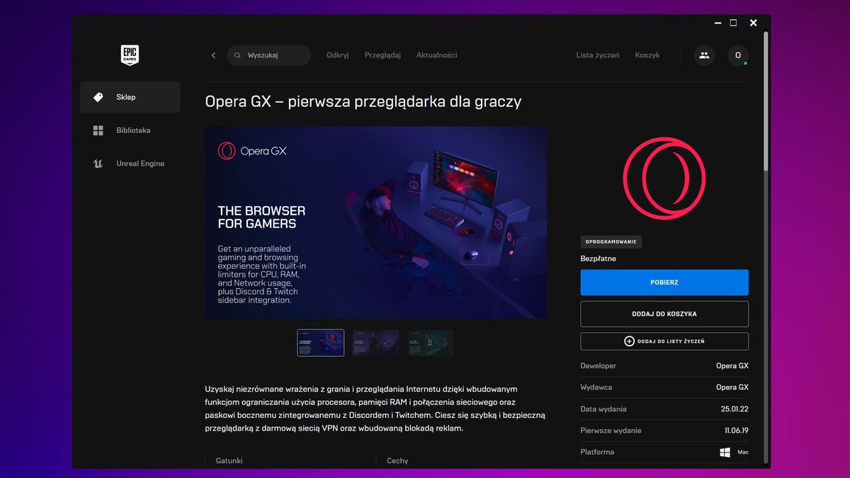 Opera GX w Epic Games Store