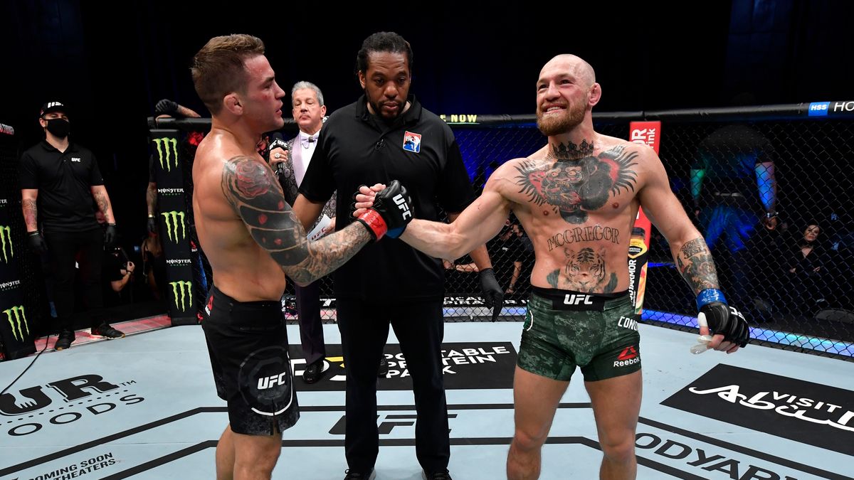 Getty Images / Jeff Bottari/Zuffa LLC / Na zdjęciu: Dustin Poirier (z lewej) i Conor McGregor (z prawej)