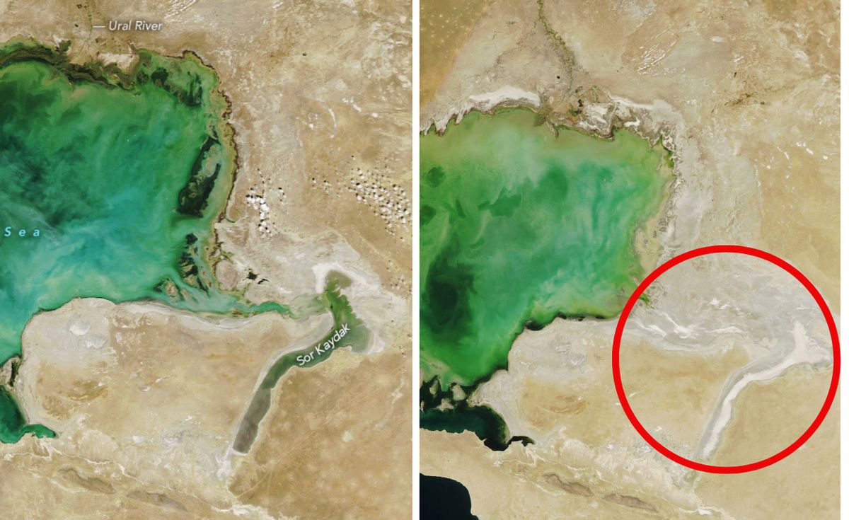 Zdjęcie od lewej Morze Kaspijskie w 2006 roku\ Zdjęcie z prawej w 2022 roku 