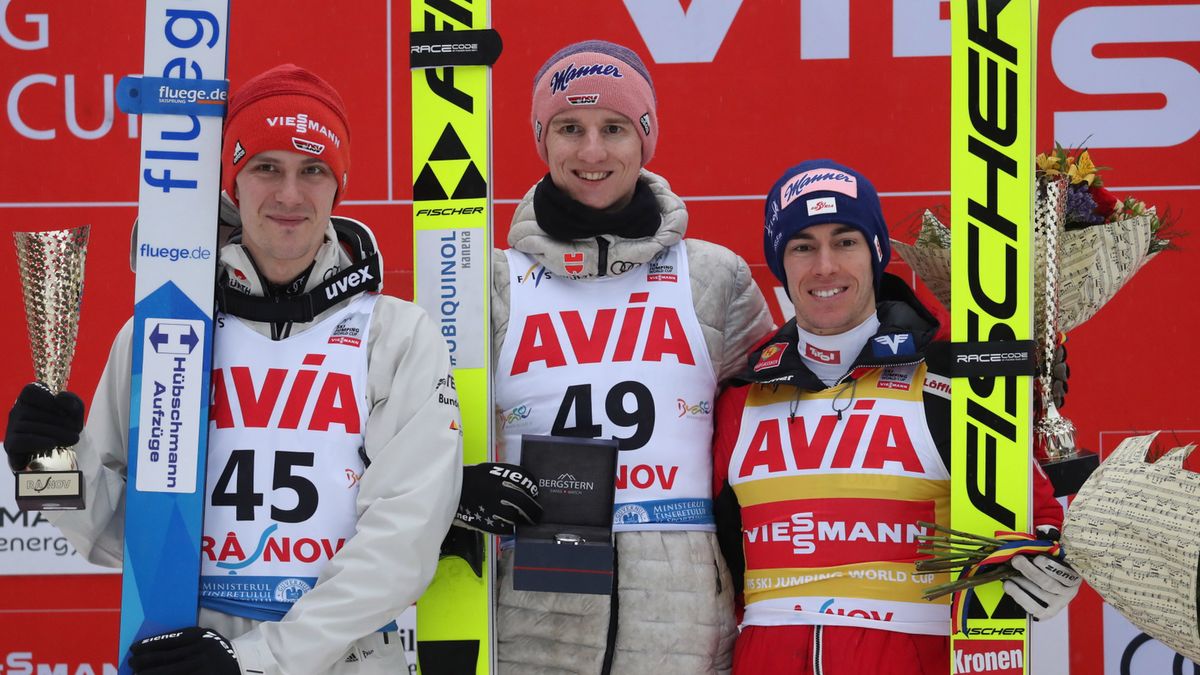 Zdjęcie okładkowe artykułu: PAP / Grzegorz Momot / Na zdjęciu: podium zawodów w Rasnovie. Stephan Leyhe, Karl Geiger i Stefan Kraft