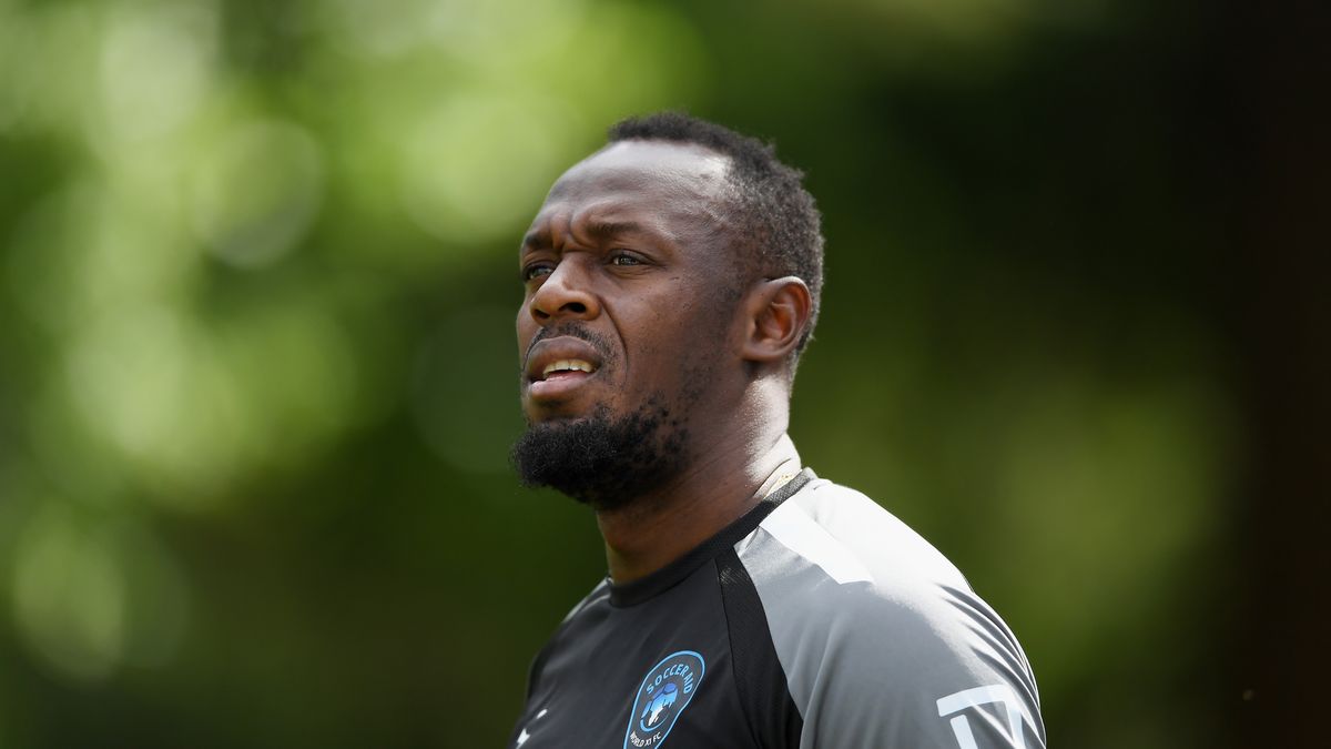TRING, ENGLAND - JUNE 10: Usain Bolt of World XI FC looks on during a Soccer Aid for Unicef 2022 Training Session at Champneys Tring on June 10, 2022 in Tring, England. (Photo by Alex Davidson/Getty Images)
