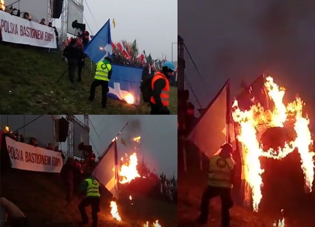 Na Marszu Niepodległości narodowcy spalili flagę... Facebooka