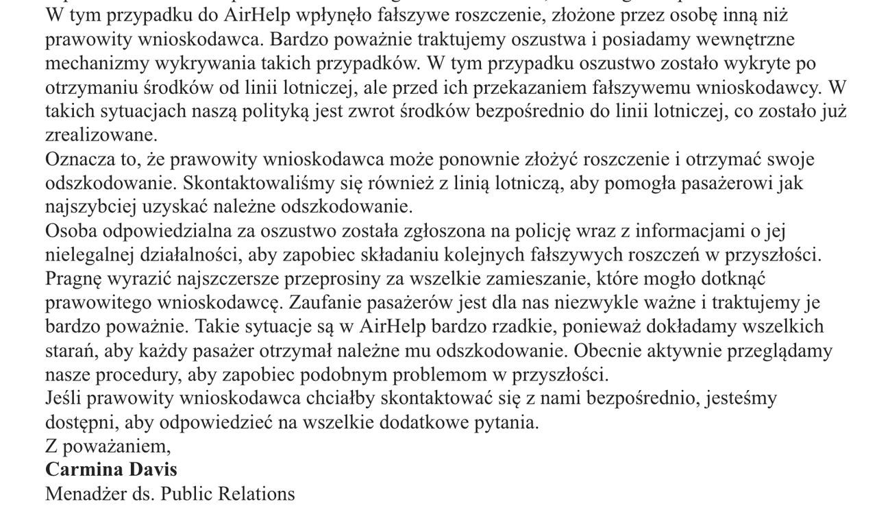 Fragment oświadczenia, które AirHelp przygotowało dla WP