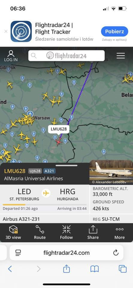 Lot z Petersburga do Hurghandy, nad Polską, 11 września 