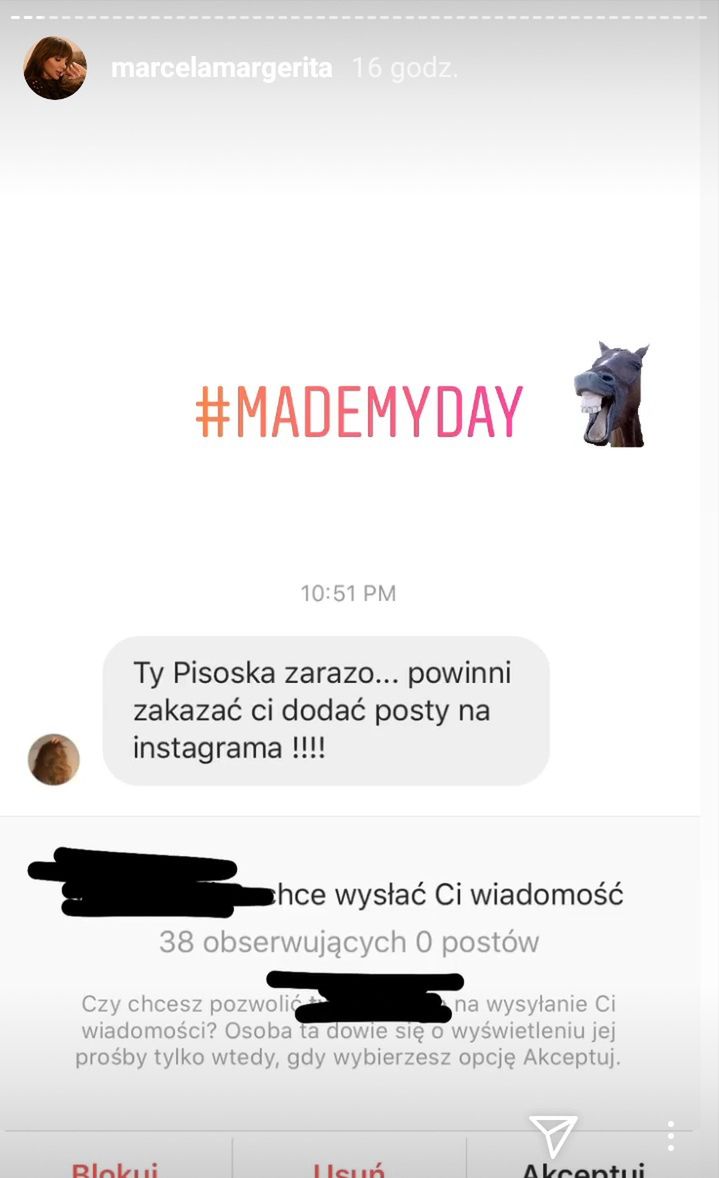 Wiadomość do Marceli Leszczak od jednego z internautów