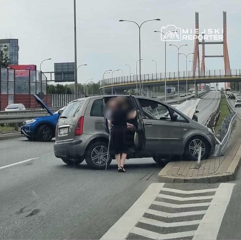 Kobieta z laską stoi obok otwartego samochodu na pasie ruchu, a w tle widać most i inne pojazdy.