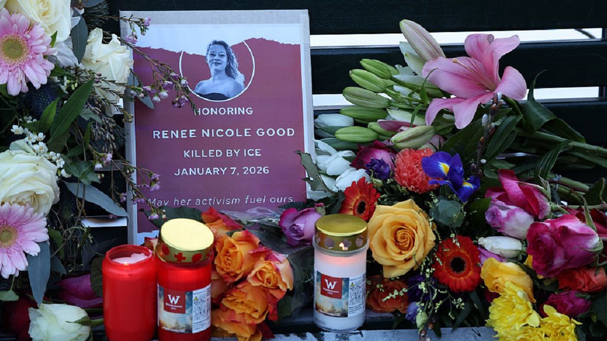 Vigil In Berlin For Renee Nicole GoodBERLIN, GERMANY - JANUARY 11: Flowers and candles are seen at a vigil for Renee Nicole Good in front of the United States embassy on January 11, 2026 in Berlin, Germany. Good, a U.S. citizen, was fatally shot in her car by a U.S. Immigration and Customs Enforcement (ICE) agent in Minneapolis, Minnesota on January 7, 2026. Federal officials and U.S. President Donald Trump have defended the shooting, saying the ICE agent acted in self-defense. (Photo by Adam Berry/Getty Images)Adam Berryamerica, democrats abroad, vigil, protests, immigration, police, demonstration, american