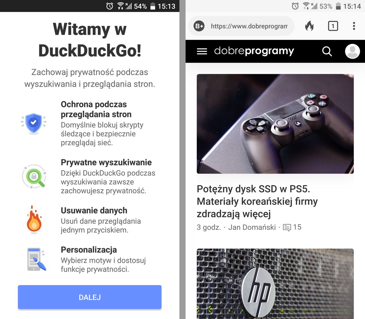 Pierwsze okno po instalacji i nasza strona w DuckDuckGo na Androida (fot. Jan Domański)