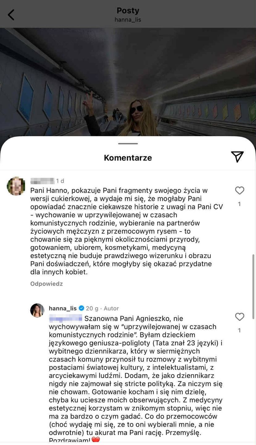 Hanna Lis odpisała na zgryźliwy komentarz internautki
