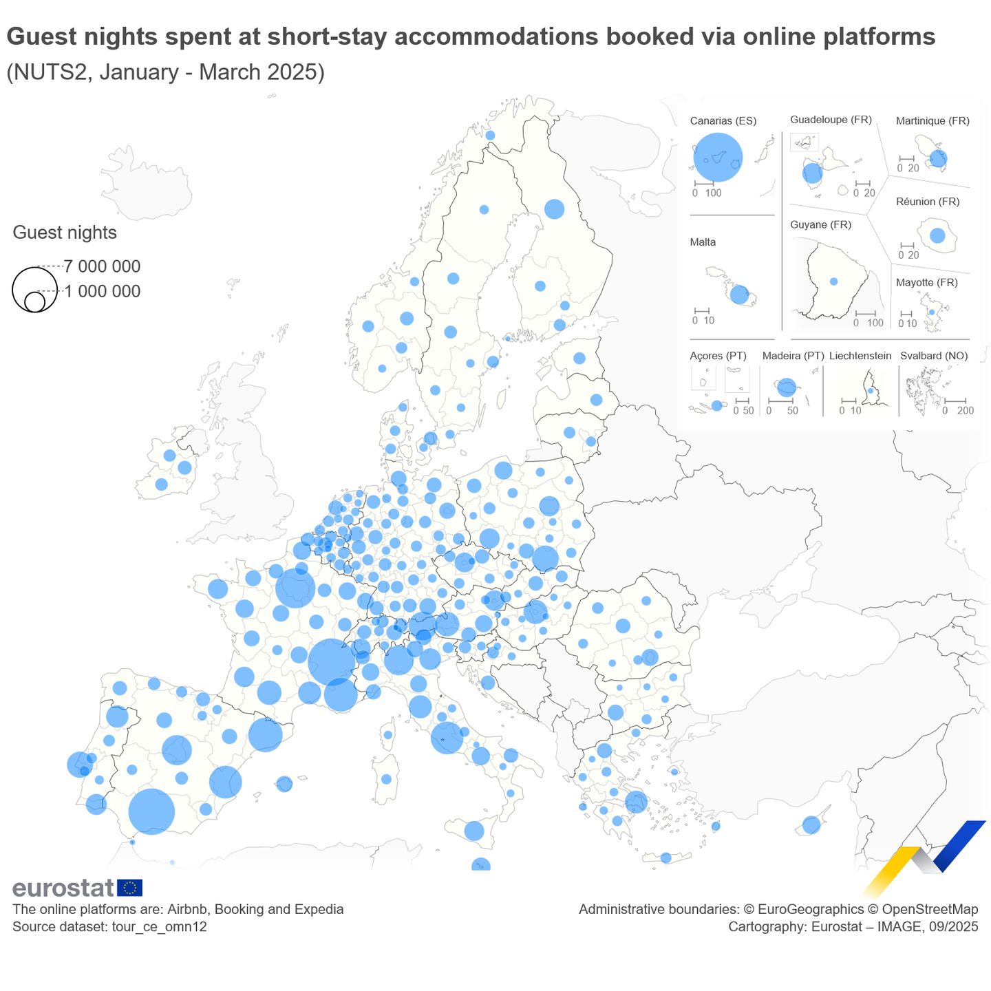 Niebieskie kropki na mapie pokazują liczbę noclegów zarezerwowan