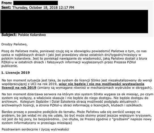 Fragment maila dotyczącego potencjalnych problemów z licencjami dla polskich kolarzy.