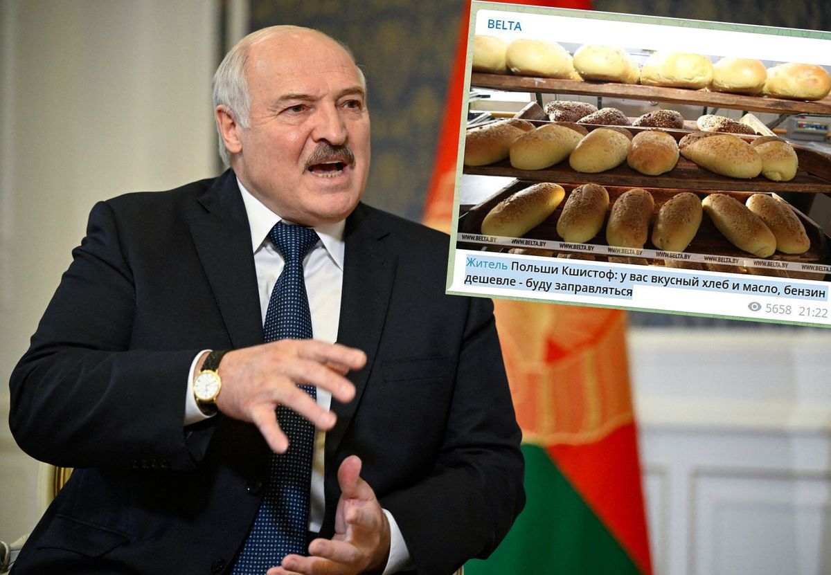 Białoruś. Polacy odwiedzający ten kraj są wykorzystywani przez propagandę Łukaszenki. Na małym zdjęciu wycinek z agencji: "Mieszkaniec Polski chwali chleb, masło i tanią benzynę"