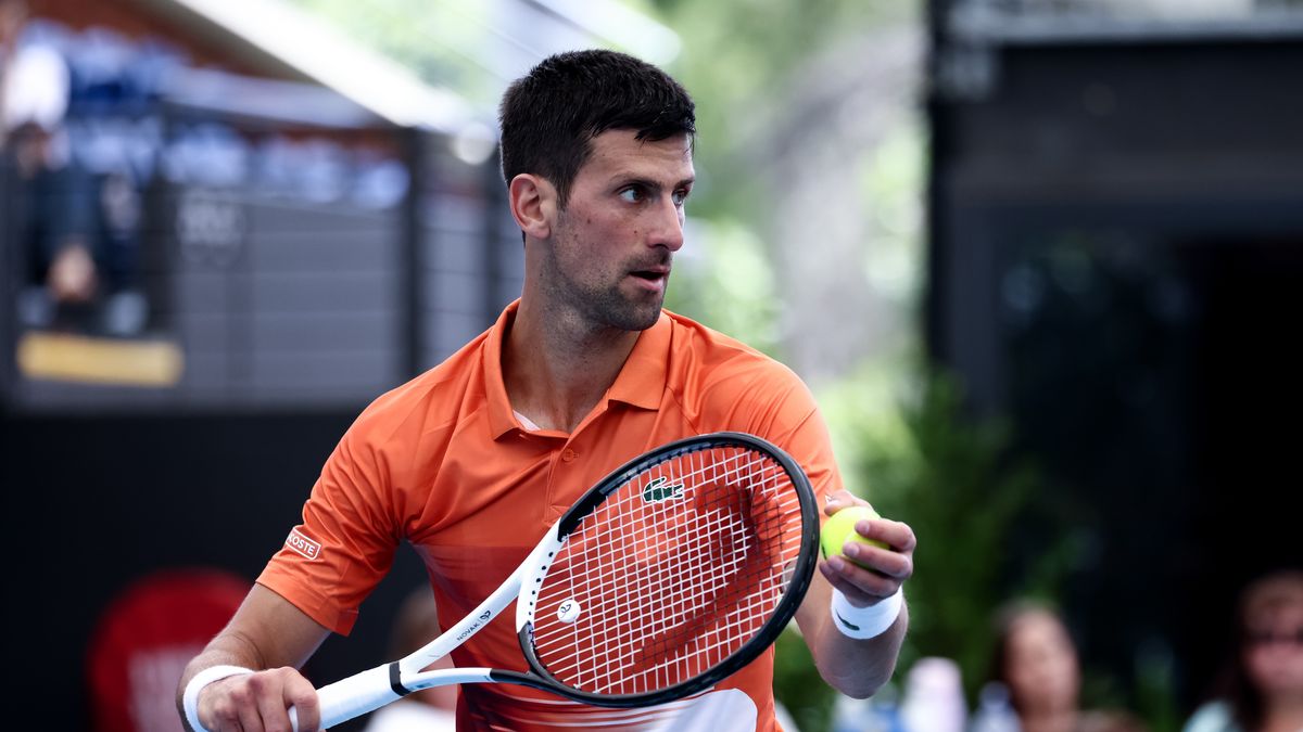 ADELAIDE, AUSTRALIA - JANUARY 03: Novak Djokovic of Serbia serves the ball during the Adelaide International tennis match between Novak Djokovic of Serbia and Constant Lestienne of France at Memorial Drive on January 03, 2023 in Adelaide, Australia. (Photo by Peter Mundy/Speed Media/Icon Sportswire via Getty Images)