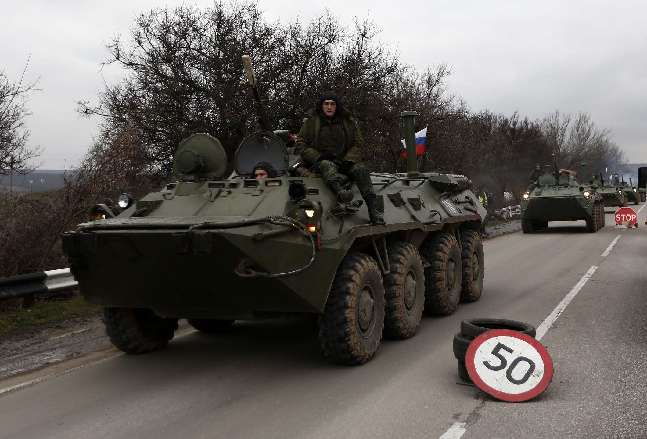 Russian Tanks
SIMEROPOL, CRIMEA, UKRAINE - FEBRUARY 28:  Russian armoured personnel carriers reported to be heading to Simferopol of Crimea, Ukraine on February 28, 2014. (Photo by Bulent Doruk/Anadolu Agency/Getty Images)
Anadolu
Russia, Ukraine, Unrest, arms, crimea, kiev, military, tanks