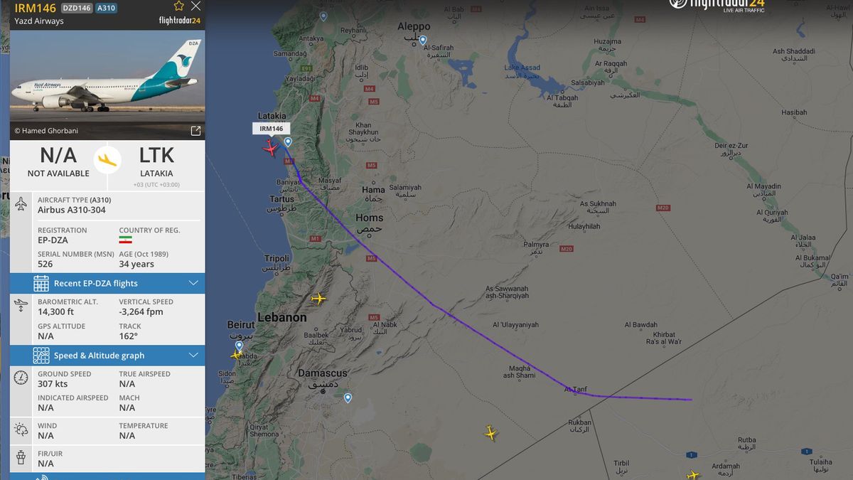 Tak wygląda lot jednego z samolotów, który wysłał irański reżim
