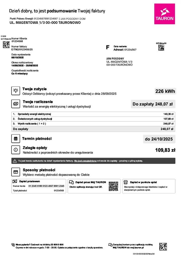 Takie faktury otrzymują klienci Tauronu