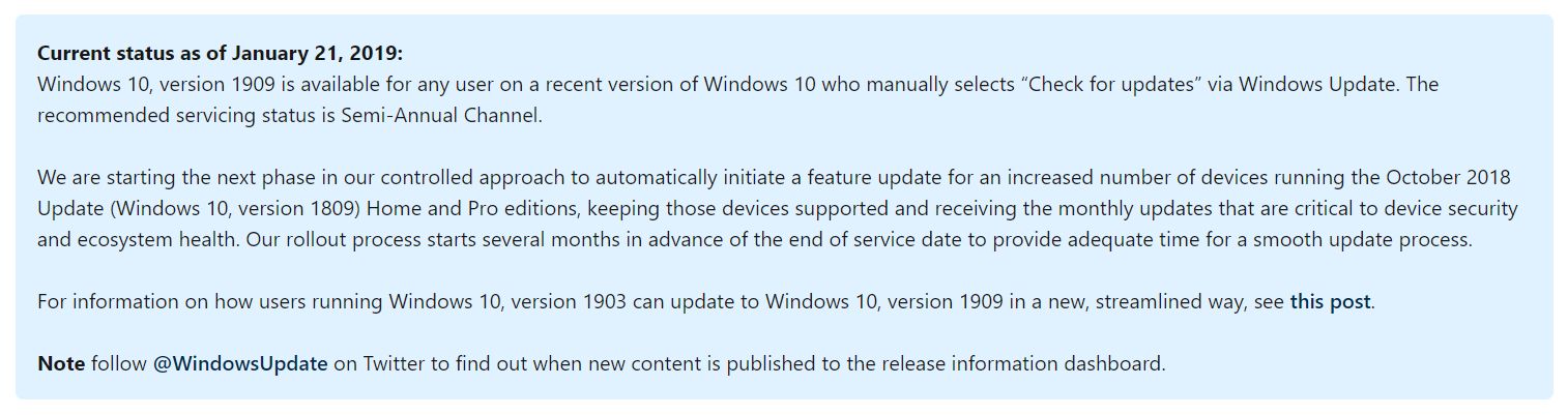Zaktualizowana informacja o dostępności listopadowej aktualizacji Windows 10, źródło: Microsoft.