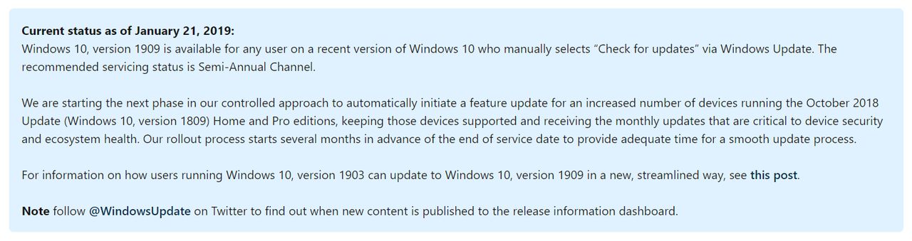 Zaktualizowana informacja o dostępności listopadowej aktualizacji Windows 10, źródło: Microsoft.