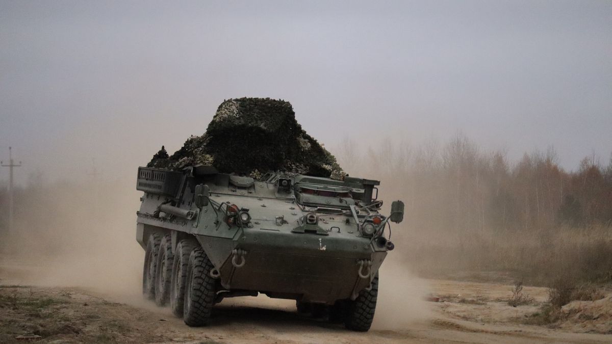 UKRAINE – NOVEMBER 8: Stryker infantry carrier vehicle of Armed Forces of Ukraine during training of the Airborne Assault Forces on November 8, 2024 in Ukraine. New recruits of the Airborne Assault Forces of the Armed Forces of Ukraine undergo a 45-day basic military training course at one of the training grounds. Training for recruits was increased from 30 to 45 days from November 1. New recruits learn to shoot and counter drones. (Photo by Andriy Zhyhaylo/Obozrevatel/Global Images Ukraine via Getty Images)