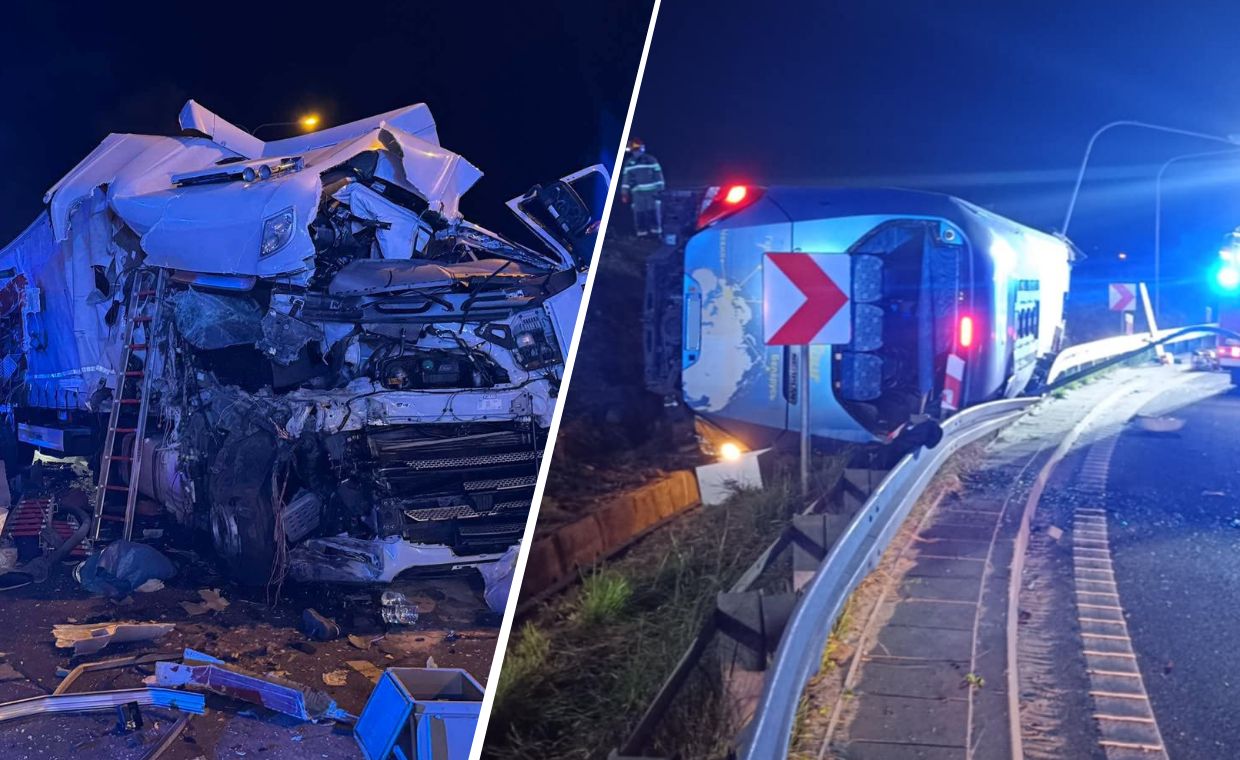 Najpierw przewrócił się autokar. Potem tir uderzył w wóz strażacki