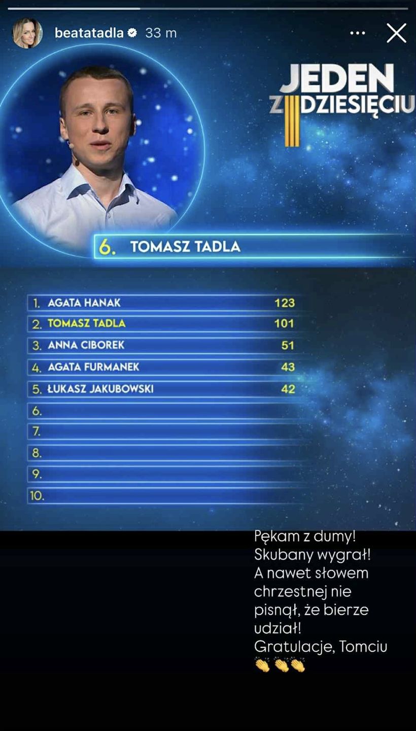 Chrześniak Beaty Tadli w "Jeden z dziesięciu"