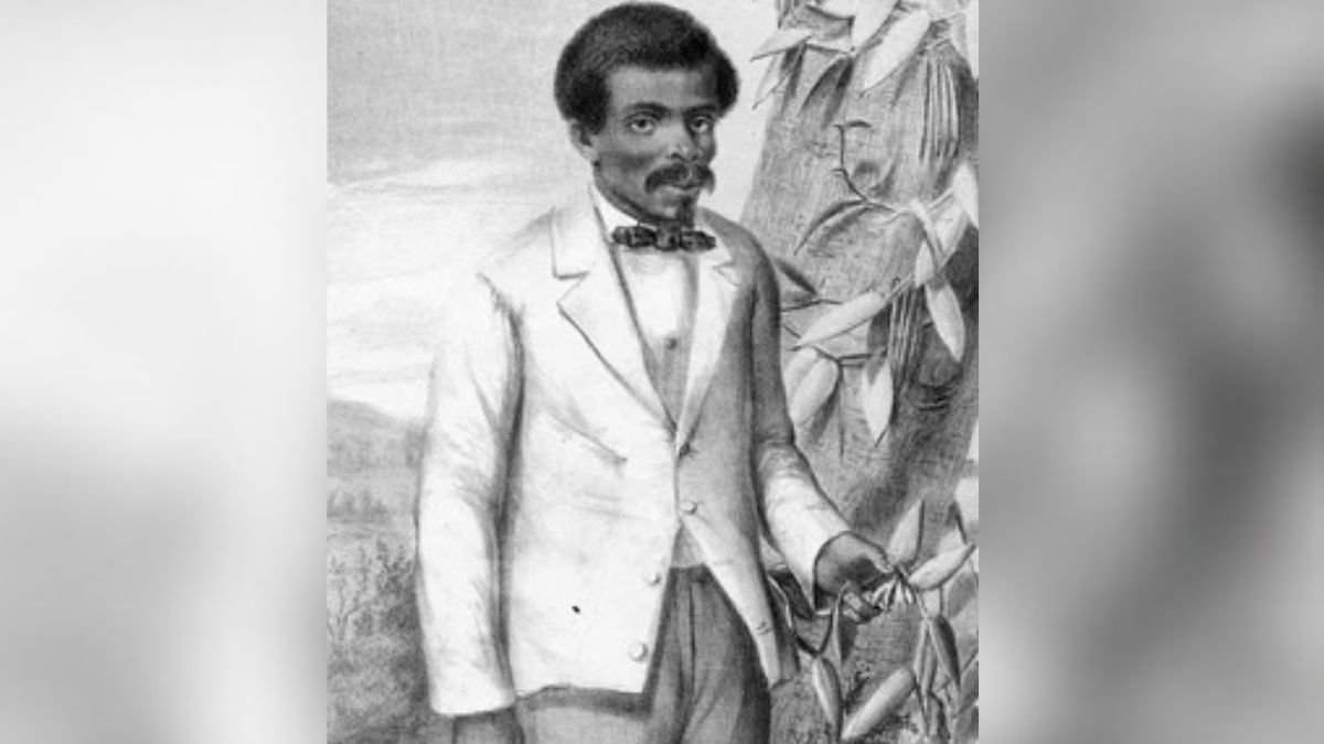 Edmond Albius przedstawiony przy pnączu wanilii na litografii z 1863 roku.