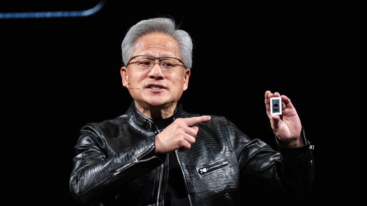 Jensen Huang, chief executive officer of Nvidia Corp., presents the RTX Spark Superchip at the Nvidia GTC conference on the sidelines of Computex 2026 in Taipei, Taiwan, on Monday, June 1, 2026. Nvidia is entering the PC market with a new chip aimed at loosening the stranglehold of Intel Corp. technology in that arena and modernizing the machines for the AI era. Photographer: Lam Yik Fei/Bloomberg via Getty Images