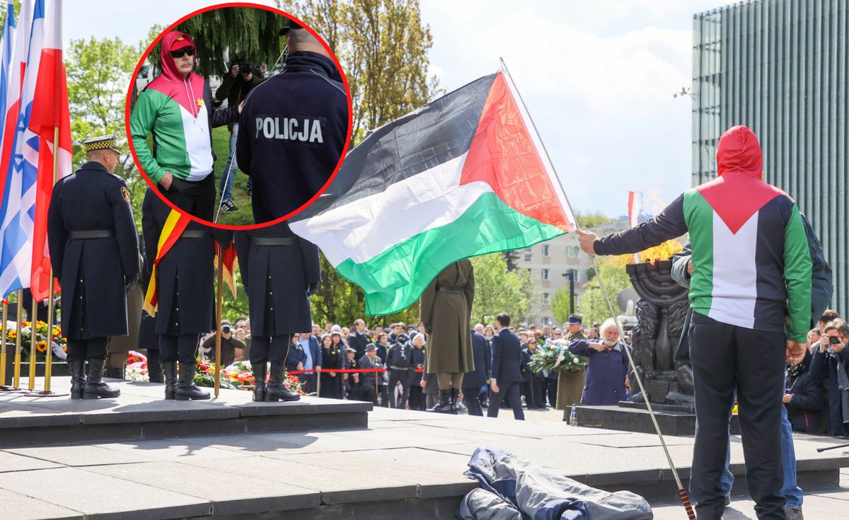 Flaga Palestyny pod pomnikiem Bohaterów Getta. Interweniowała policja
