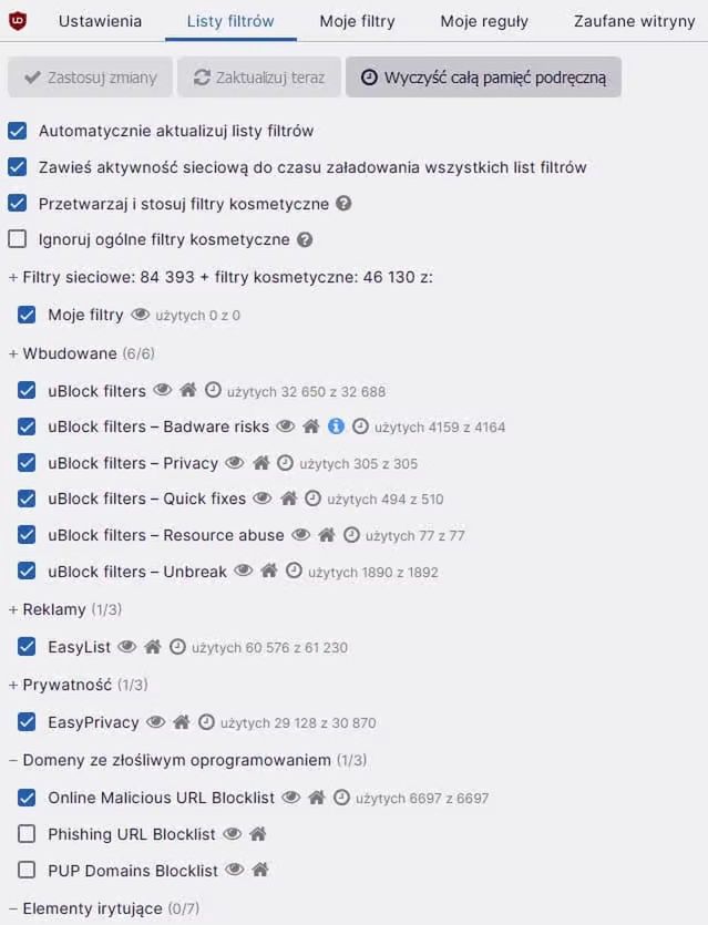 Lista filtrów w uBlock Origin