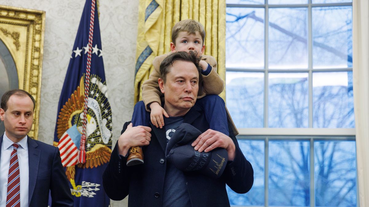 Elon Musk, chief executive officer of Tesla Inc., carries his son in the Oval Office of the White House in Washington, DC, US, on Tuesday, Feb. 11, 2025. Trump signed an executive action on Tuesday that orders agency heads to coordinate with Musk's Department of Government Efficiency to "significantly reduce the size of the government" and "limit hiring to essential positions." Photographer: Aaron Schwartz/CNP/Bloomberg via Getty Images