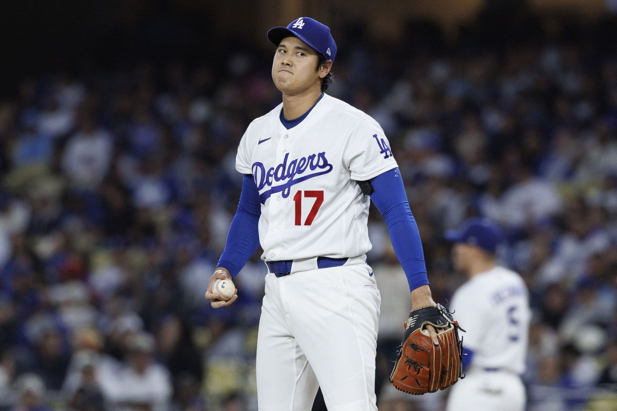 LOS ANGELES, CA - MAY 27, 2026: Los Angeles Dodgers pitcher Shohei Ohtani (17) gets a determined look on his face against the Colorado Rockies  in the fourth inning  at Dodger Stadium on May 27, 2026 in Los Angeles, CA.  (Gina Ferazzi / Los Angeles Times via Getty Images)