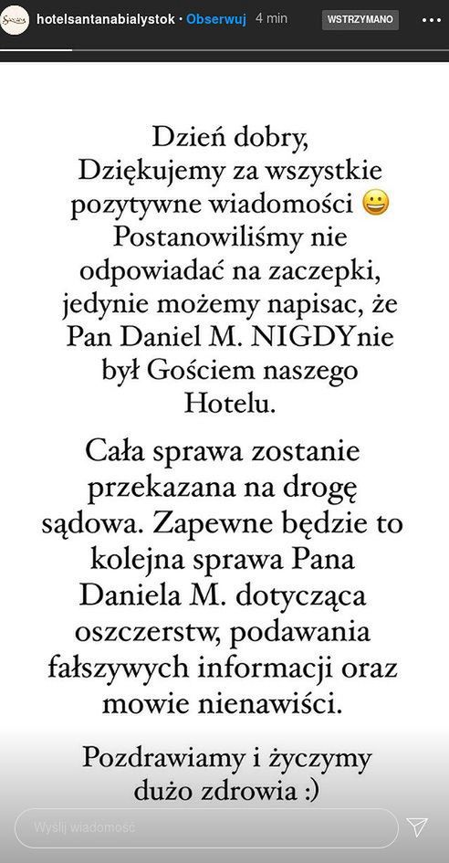 Daniel Martyniuk tłumaczy się z oczerniania hotelu, w którym nigdy nie był