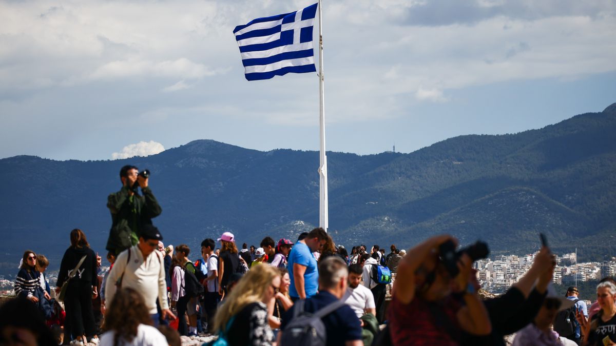 Greek flag at the top of the Athenian Acropolis in Athens, Greece on March 14th, 2024. (Photo by Beata Zawrzel/NurPhoto via Getty Images)